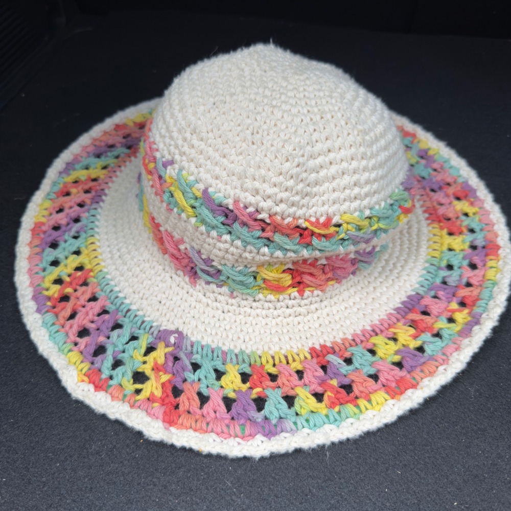 Handmade Crochet Rainbow Trim Sun Hat Wide Brim Summer Beach Cream Size OS